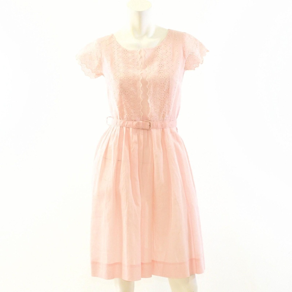 50s Vintage Pastel Pink Shirt Dress Eyelet Lace Womens XS Cottagecore Cotton